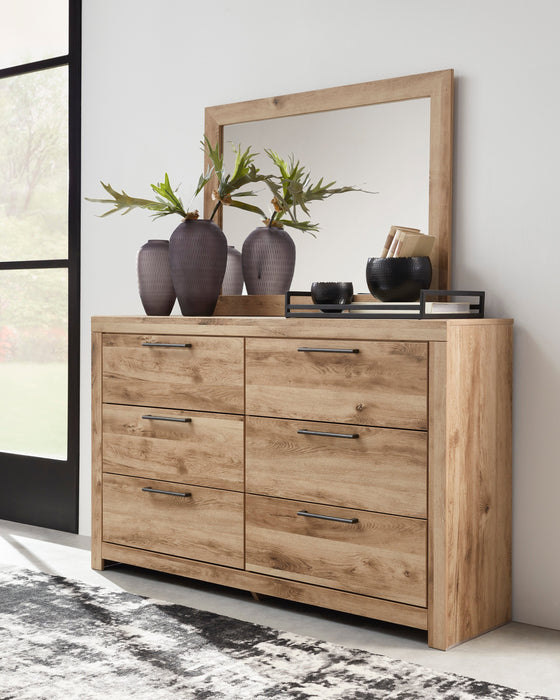 Ensemble de chambre à coucher Derekson 6 pièces avec lit à panneau, commode, miroir et table de nuit, naturel - format très grand lit