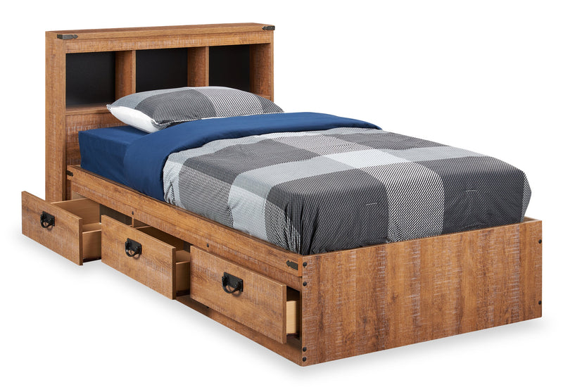 Ensemble lit matelot et tête de lit bibliothèque Driftwood pour enfants, brun - format lit simple