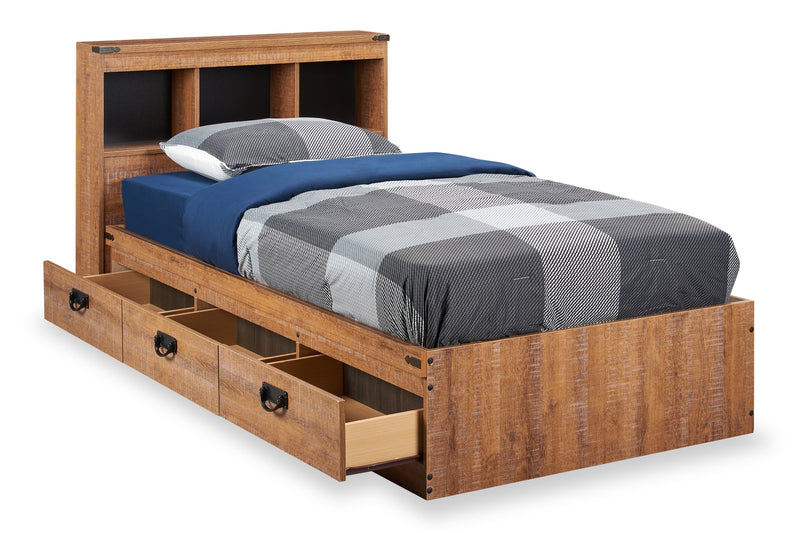 Ensemble lit matelot et tête de lit bibliothèque Driftwood pour enfants, brun - format lit simple