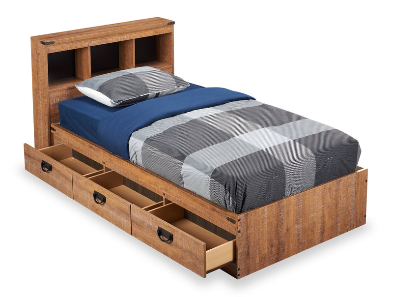 Ensemble lit matelot et tête de lit bibliothèque Driftwood pour enfants, brun - format lit simple