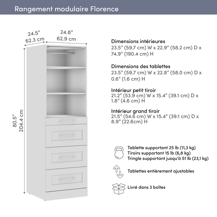 Système de tour garde-robe et pièce-penderie modulaire Florence de Bestar de 25 po avec éclairage à DEL, tablettes et 4 tiroirs de style Shaker - blanche