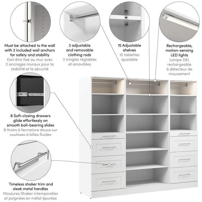Système de garde-robe et pièce-penderie modulaire Florence de Bestar de 85 po avec éclairages à DEL, tablettes et tiroirs de style Shaker - blanc