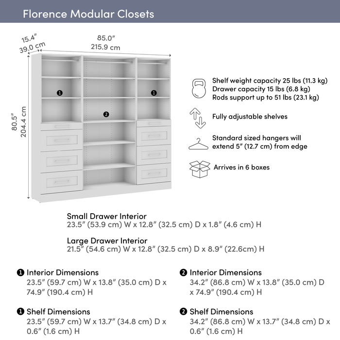 Système de garde-robe et pièce-penderie modulaire Florence de Bestar de 85 po avec tablettes et tiroirs de style Shaker - blanc