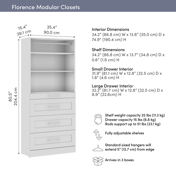 Système de garde-robe et pièce-penderie modulaire Florence de Bestar de 35 po avec rangement - blanc
