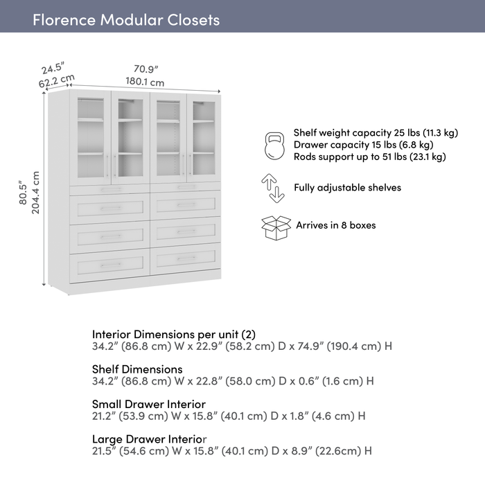 Système de pièce-penderie modulaire Florence de Bestar de 71 po avec éclairage à DEL et rangement - blanc