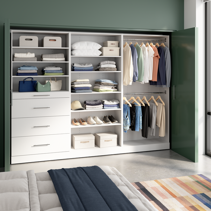 Système de pièce-penderie modulaire Florence de Bestar de 107 po avec tringles, tablettes et tiroirs de style lisse - blanc