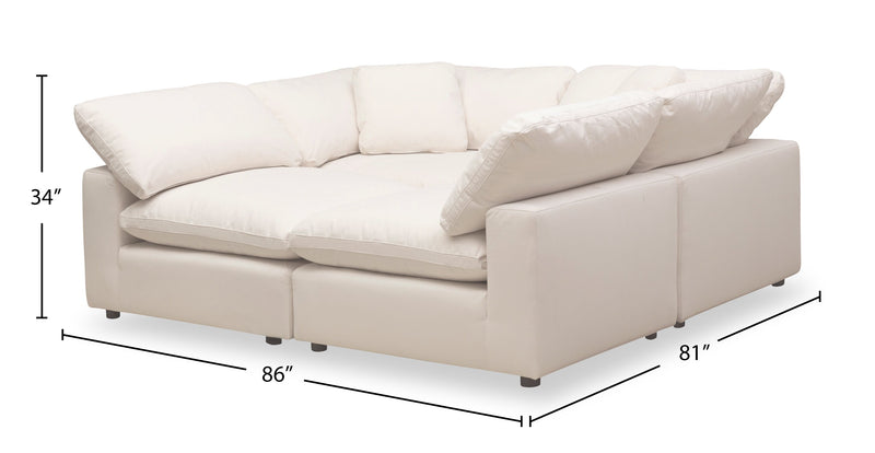 Sofa sectionnel modulaire de style cocon Eclipse 4 pièces en tissu d’apparence lin avec coussins réversibles en duvet et plumes - blanc lin