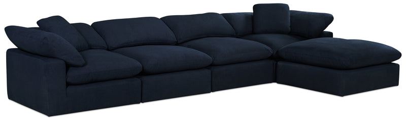 Sofa sectionnel modulaire Eclipse 5 pièces en tissu d’apparence lin avec pouf et coussins réversibles en duvet et plumes - bleu marine