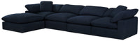  Sofa sectionnel modulaire Eclipse 5 pièces en tissu d’apparence lin avec pouf et coussins réversibles en duvet et plumes - bleu marine