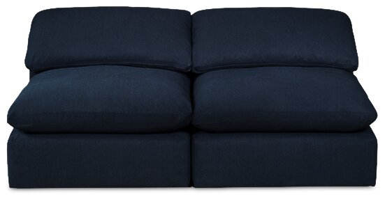 Sofa sectionnel modulaire Eclipse 5 pièces en tissu d’apparence lin avec pouf et coussins réversibles en duvet et plumes - bleu marine