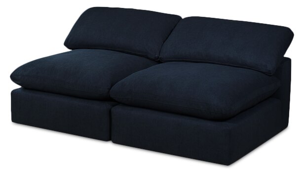 Sofa sectionnel modulaire Eclipse 5 pièces en tissu d’apparence lin avec pouf et coussins réversibles en duvet et plumes - bleu marine