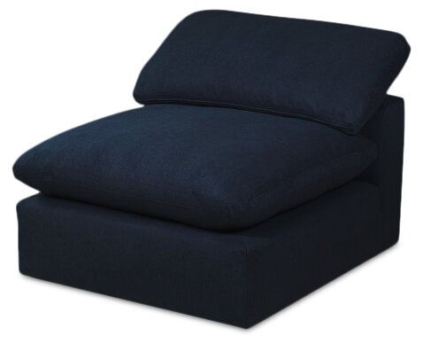 Sofa sectionnel modulaire Eclipse 5 pièces en tissu d’apparence lin avec pouf et coussins réversibles en duvet et plumes - bleu marine