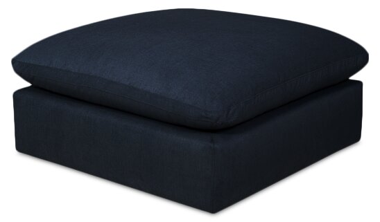 Sofa sectionnel modulaire Eclipse 5 pièces en tissu d’apparence lin avec pouf et coussins réversibles en duvet et plumes - bleu marine