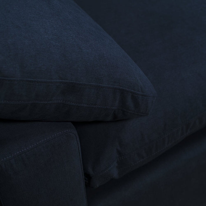 Sofa sectionnel modulaire Eclipse 5 pièces en tissu d’apparence lin avec pouf et coussins réversibles en duvet et plumes - bleu marine