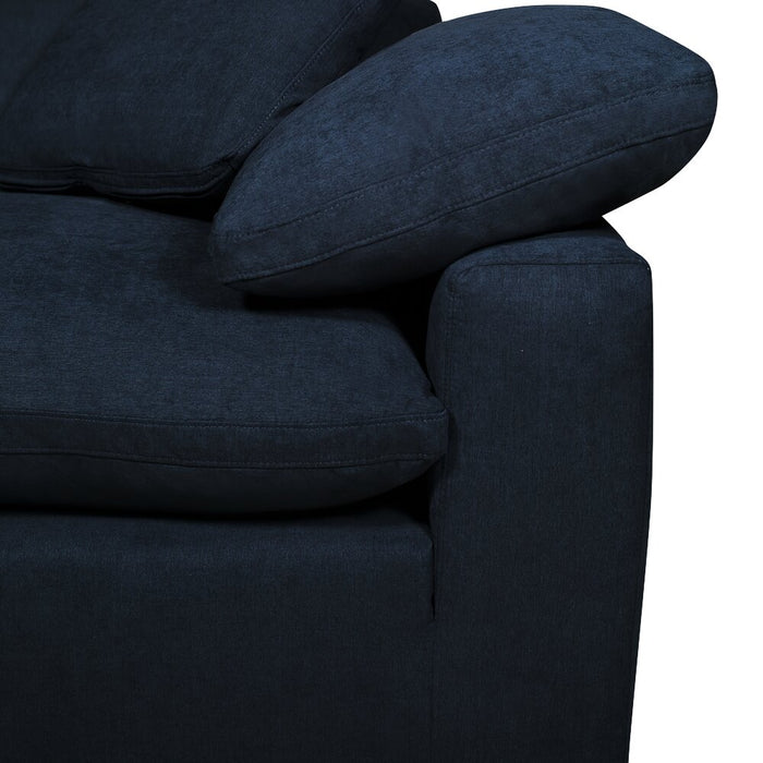 Sofa sectionnel modulaire Eclipse 5 pièces en tissu d’apparence lin avec pouf et coussins réversibles en duvet et plumes - bleu marine