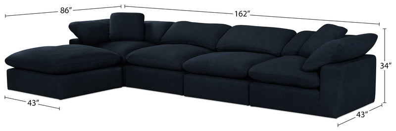 Sofa sectionnel modulaire Eclipse 5 pièces en tissu d’apparence lin avec pouf et coussins réversibles en duvet et plumes - bleu marine
