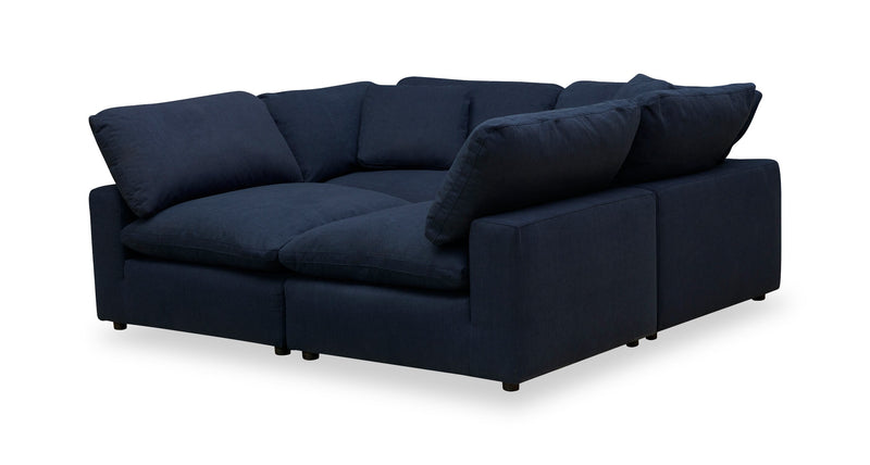 Sofa sectionnel modulaire de style cocon Eclipse 4 pièces en tissu d’apparence lin avec coussins réversibles en duvet et plumes - bleu marine