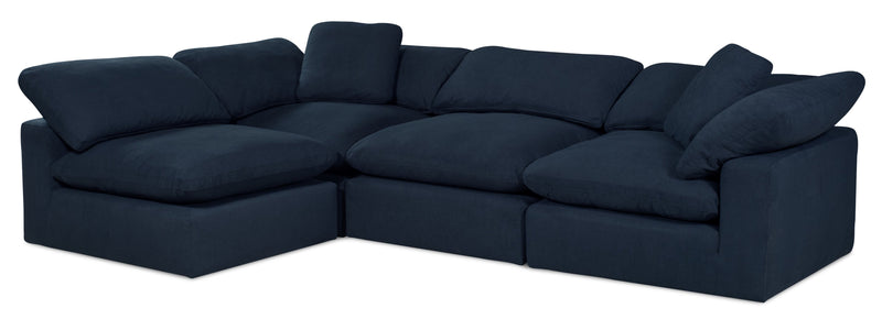 Sofa sectionnel modulaire de style cocon Eclipse 4 pièces en tissu d’apparence lin avec coussins réversibles en duvet et plumes - bleu marine