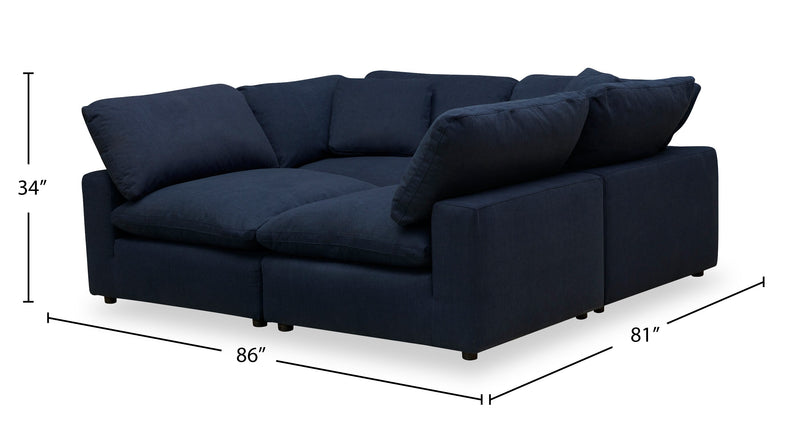 Sofa sectionnel modulaire de style cocon Eclipse 4 pièces en tissu d’apparence lin avec coussins réversibles en duvet et plumes - bleu marine