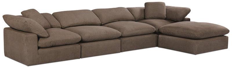 Sofa sectionnel modulaire Eclipse 5 pièces en tissu d’apparence lin avec pouf et coussins réversibles en duvet et plumes - gris ardoise
