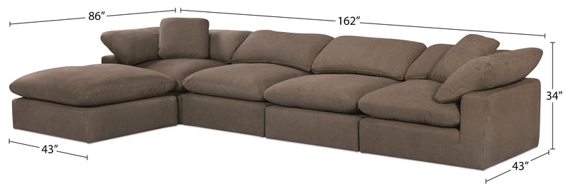 Sofa sectionnel modulaire Eclipse 5 pièces en tissu d’apparence lin avec pouf et coussins réversibles en duvet et plumes - gris ardoise