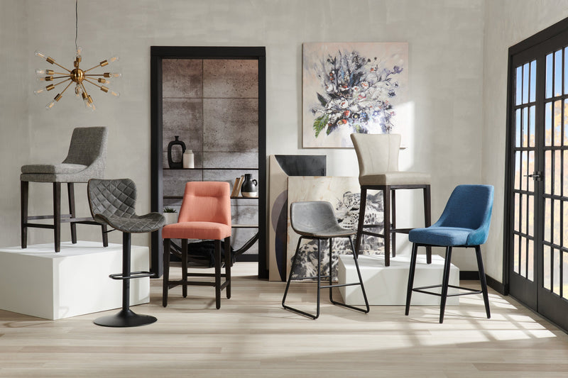 Tabouret Eden de hauteur comptoir en tissu d’apparence lin et en métal - bleu