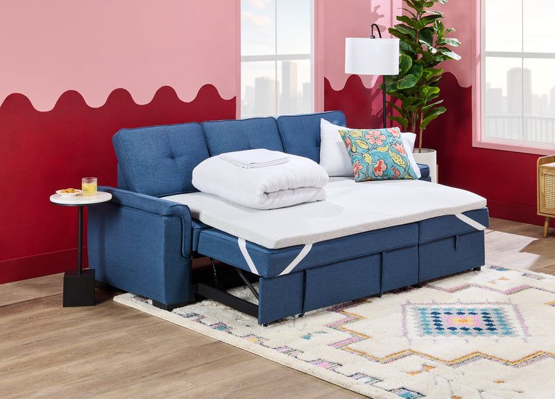 Sofa-lit sectionnel réversible Eden 2 pièces en tissu avec fauteuil long de rangement et coussins de dossier amovibles - bleu