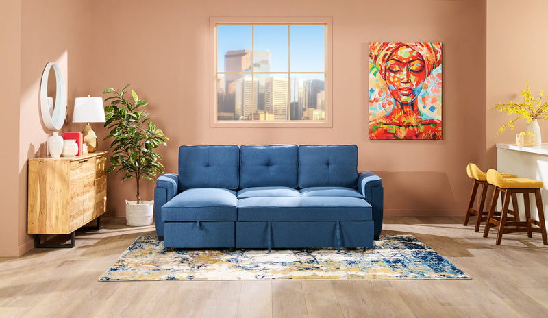 Sofa-lit sectionnel réversible Eden 2 pièces en tissu avec fauteuil long de rangement et coussins de dossier amovibles - bleu