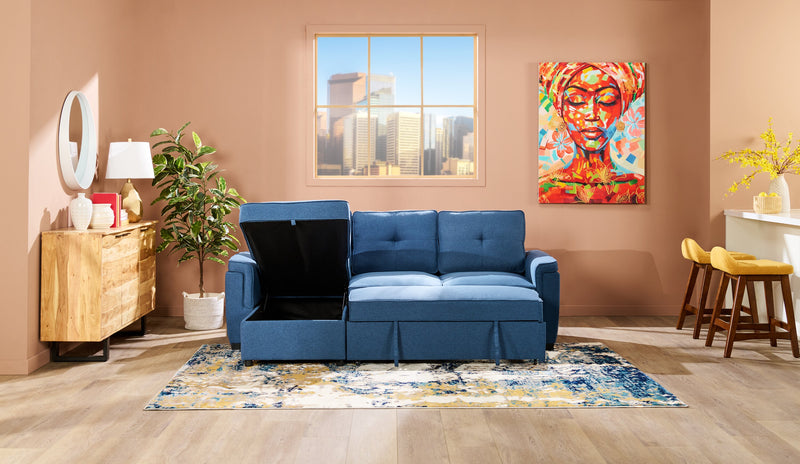 Sofa-lit sectionnel réversible Eden 2 pièces en tissu avec fauteuil long de rangement et coussins de dossier amovibles - bleu