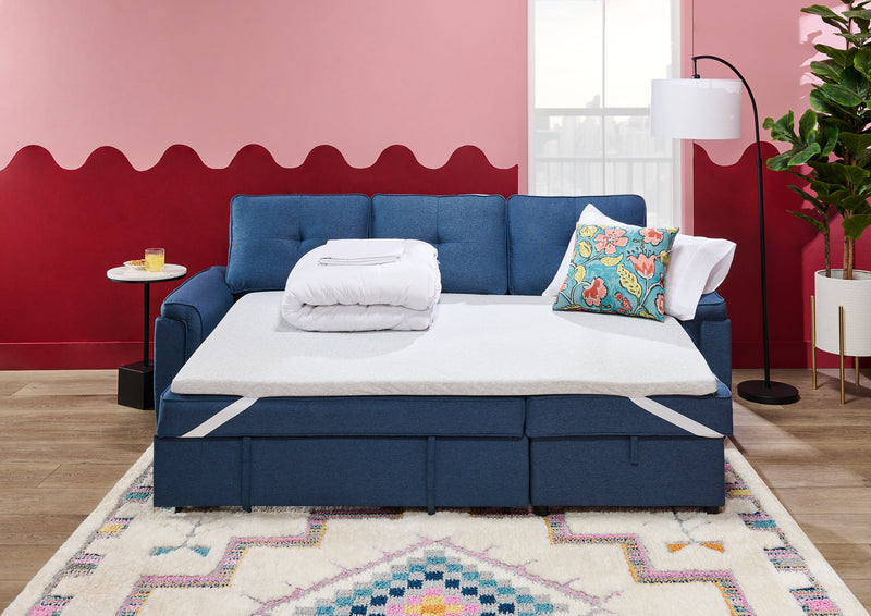 Sofa-lit sectionnel réversible Eden 2 pièces en tissu avec fauteuil long de rangement et coussins de dossier amovibles - bleu