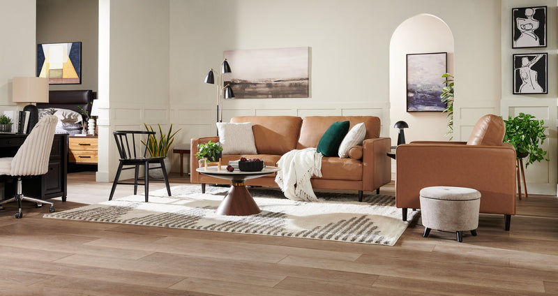 Sofa Edge de 86 po en cuir véritable avec pattes en bois et coussins de dossier amovibles - brun