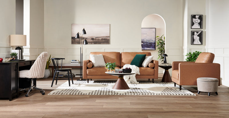 Sofa Edge de 86 po en cuir véritable avec pattes en bois et coussins de dossier amovibles - brun