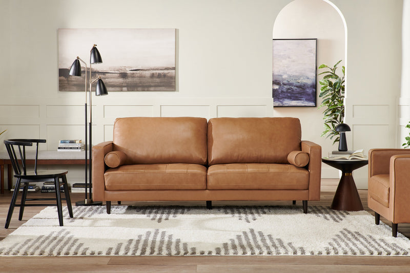 Sofa Edge de 86 po en cuir véritable avec pattes en bois et coussins de dossier amovibles - brun