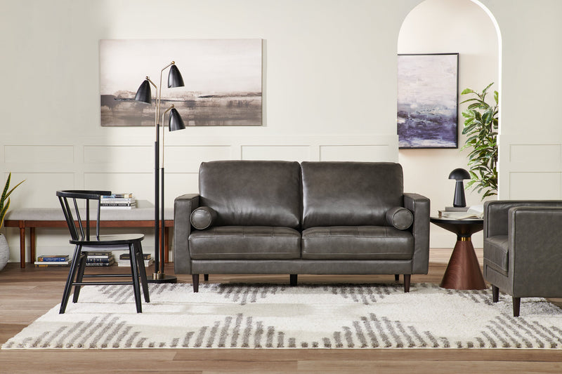 Causeuse Edge de 70 po en cuir véritable avec pattes en bois et coussins de dossier amovibles - grise