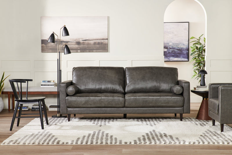 Sofa Edge de 86 po en cuir véritable avec pattes en bois et coussins de dossier amovibles - gris