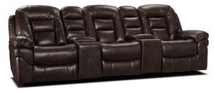 Sofa sectionnel inclinable Leo 5 pièces de style cinéma maison en tissu d’apparence cuir avec consoles de rangement et porte-gobelets - brun noyer