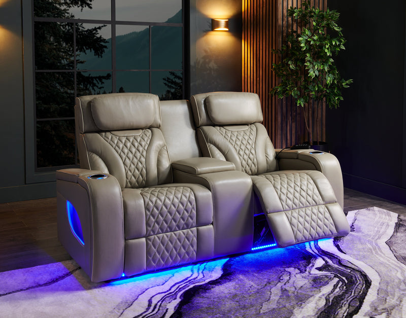 Causeuse de massage à inclinaison électrique Elite de 74 po en cuir véritable avec appuie-têtes électriques et accoudoirs de rangement - grise