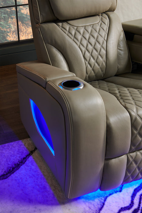 Causeuse de massage à inclinaison électrique Elite de 74 po en cuir véritable avec appuie-têtes électriques et accoudoirs de rangement - grise