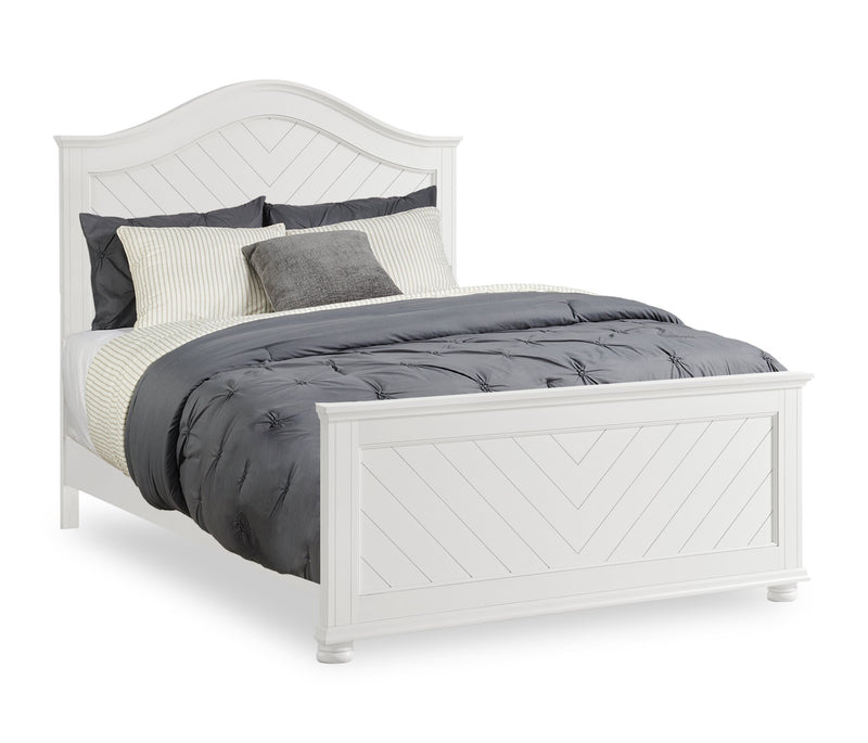 Ensemble de chambre à coucher Ella 6 pièces blanc avec lit à panneaux, commode, miroir et table de nuit - format grand lit