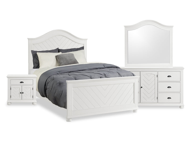 Ensemble de chambre à coucher Ella 6 pièces blanc avec lit à panneaux, commode, miroir et table de nuit - format grand lit