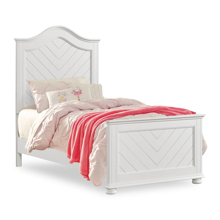 Ensemble de chambre à coucher Ella 5 pièces blanc avec lit à panneaux, commode et miroir - format lit simple