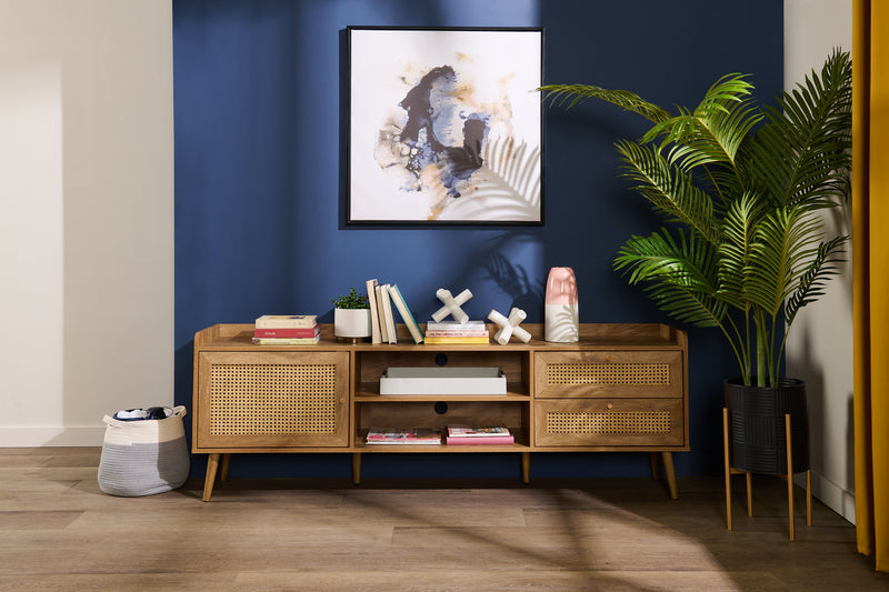 Meuble pour téléviseur moderne Emme de 72 po avec rangement et système de gestion des câbles pour téléviseurs jusqu’à 80 po - brun clair