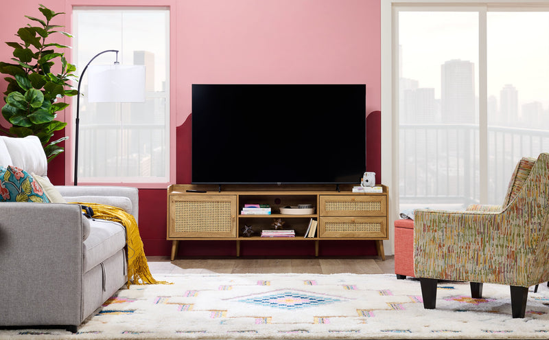 Meuble pour téléviseur moderne Emme de 72 po avec rangement et système de gestion des câbles pour téléviseurs jusqu’à 80 po - brun clair