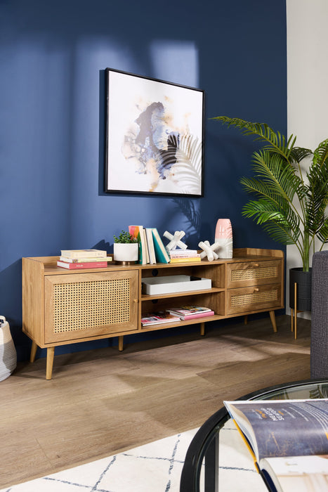 Meuble pour téléviseur moderne Emme de 72 po avec rangement et système de gestion des câbles pour téléviseurs jusqu’à 80 po - brun clair