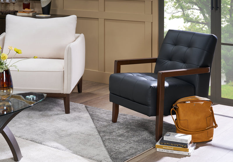 Fauteuil d’appoint Enzo de 26 po en cuir véritable avec capitonnage en biscuit, accoudoirs rectilignes et pattes en bois - noir