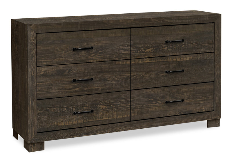 Ensemble de chambre à coucher Ethan 5 pièces brun rustique avec rangement, tête de lit bibliothèque, commode et miroir - format grand lit