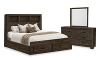  Ensemble de chambre à coucher Ethan 5 pièces brun rustique avec rangement, tête de lit bibliothèque, commode et miroir - format grand lit