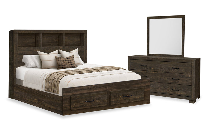 Ensemble de chambre à coucher Ethan 5 pièces brun rustique avec rangement, tête de lit bibliothèque, commode et miroir - format grand lit