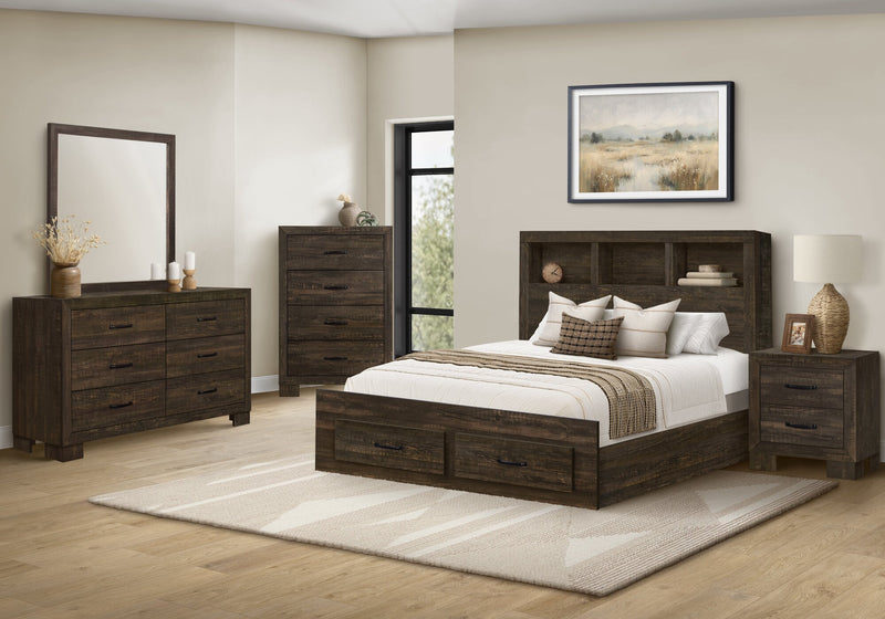 Ensemble de chambre à coucher Ethan 5 pièces brun rustique avec rangement, tête de lit bibliothèque, commode et miroir - format grand lit