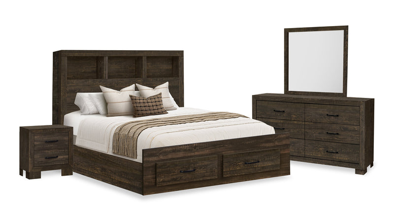 Ensemble de chambre à coucher Ethan 6 pièces brun rustique avec rangement, tête de lit bibliothèque, commode, miroir et table de nuit - grand lit